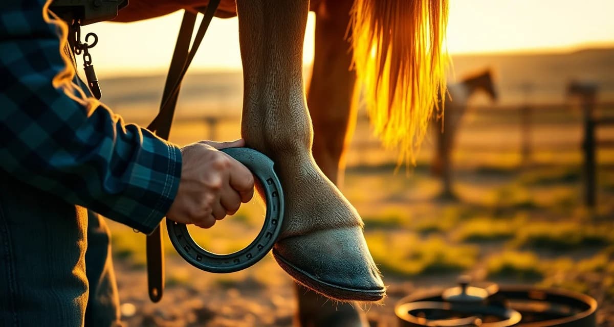 Farrier scheduling software for Oklahoma's large horse population Professional farrier performing hoof care on a horse in Oklahoma ranch environment with specialized tools and equipment