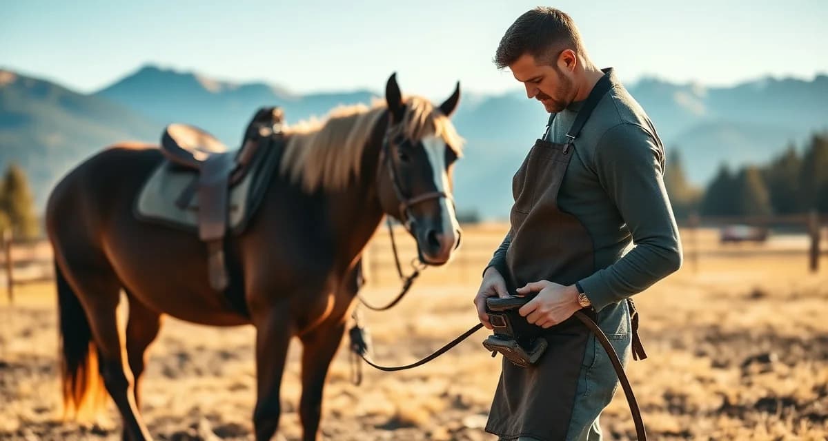 Oregon farrier using digital scheduling software for hoof care management Professional farrier performing hoof care on a horse in Oregon ranch country with mountain backdrop, demonstrating modern farrier scheduling practices.