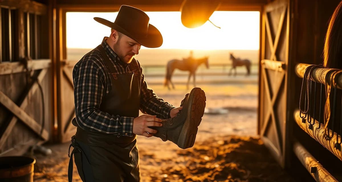 Farrier software management for South Dakota ranch horse care Experienced farrier trimming horse hoof on South Dakota ranch using professional farrier scheduling software management tools