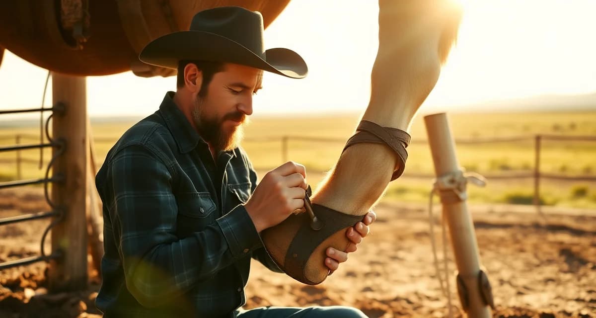 Texas farrier managing horse hoof care efficiently Professional farrier performing hoof care on horse in rural Texas setting with ranch landscape background