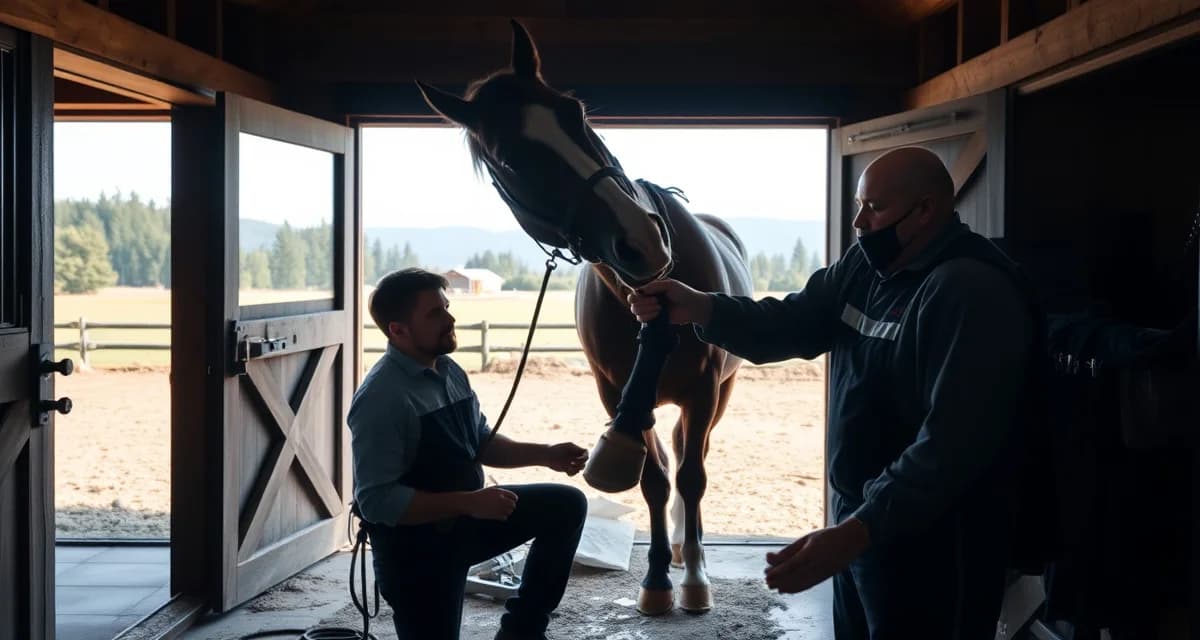 Washington farrier hoof care professional services Farrier trimming horse hooves in Washington state stable with Pacific Northwest landscape backdrop, demonstrating professional hoof care management