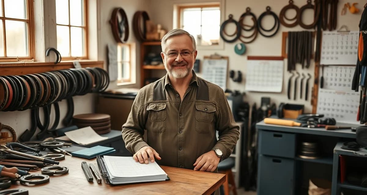 Farrier workspace organization for spring busy season Organized farrier workspace with tools, horseshoes, and scheduling calendar for spring season preparation and client management.