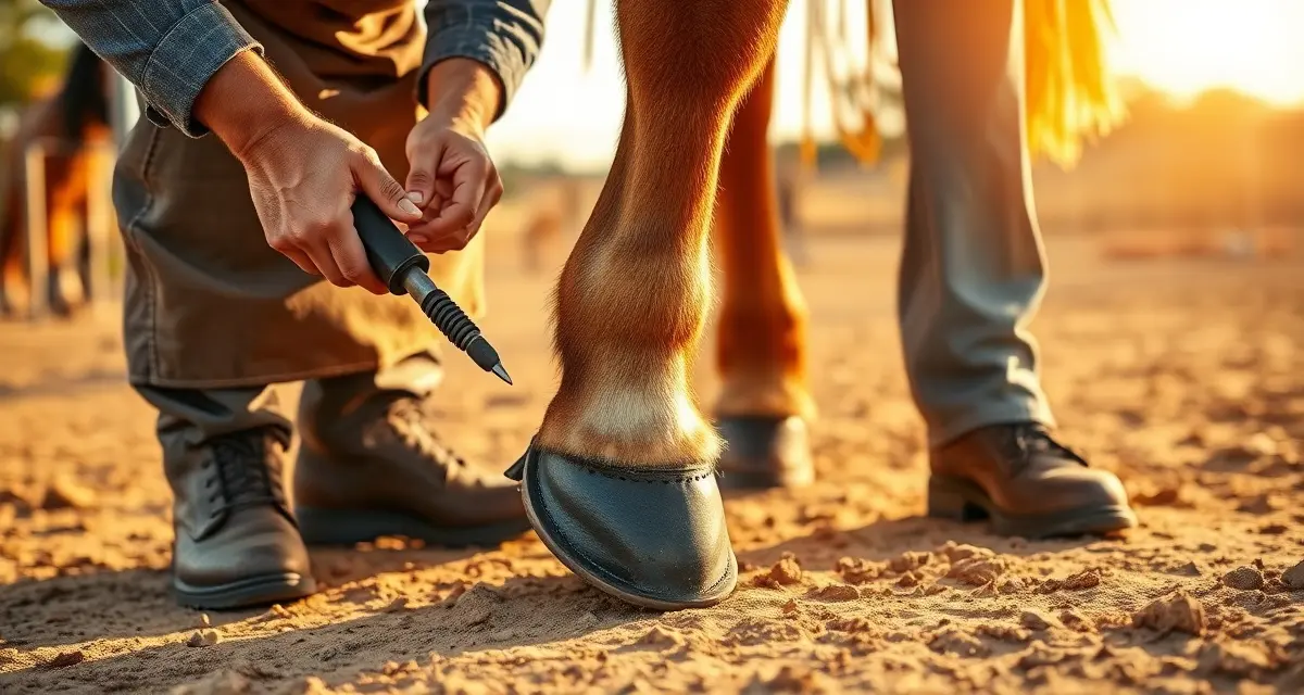 Summer hoof care and farrier shoeing techniques Farrier examining horse hoof for summer heat cracks and damage during seasonal shoeing maintenance