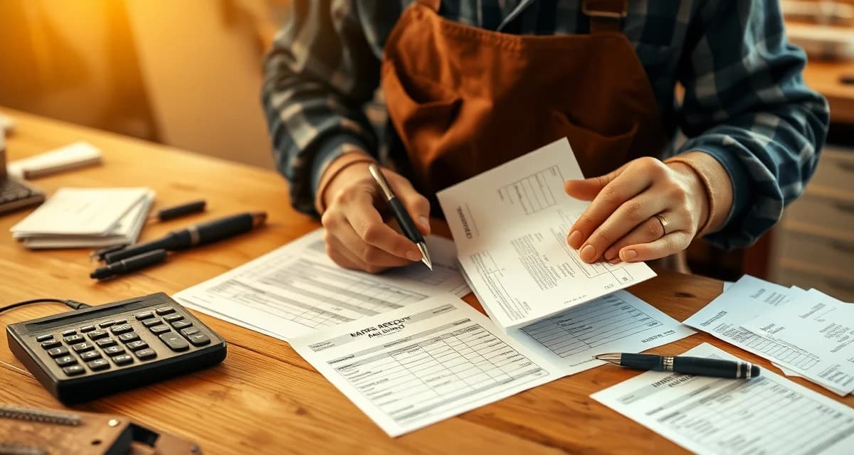 Farrier tax record organization and deduction tracking Farrier organizing tax records and business deductions at workbench with calculator and financial documents for annual tax filing.