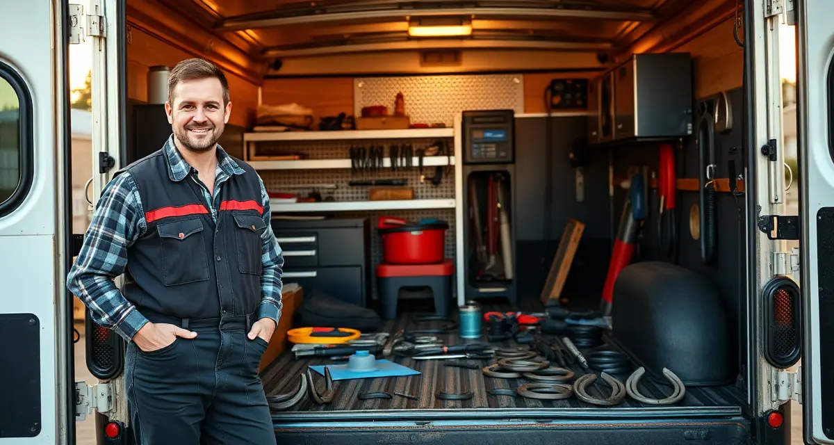 Professional farrier vehicle for tax deduction planning Farrier truck and trailer setup displaying organized tool storage and equipment for hoof care services