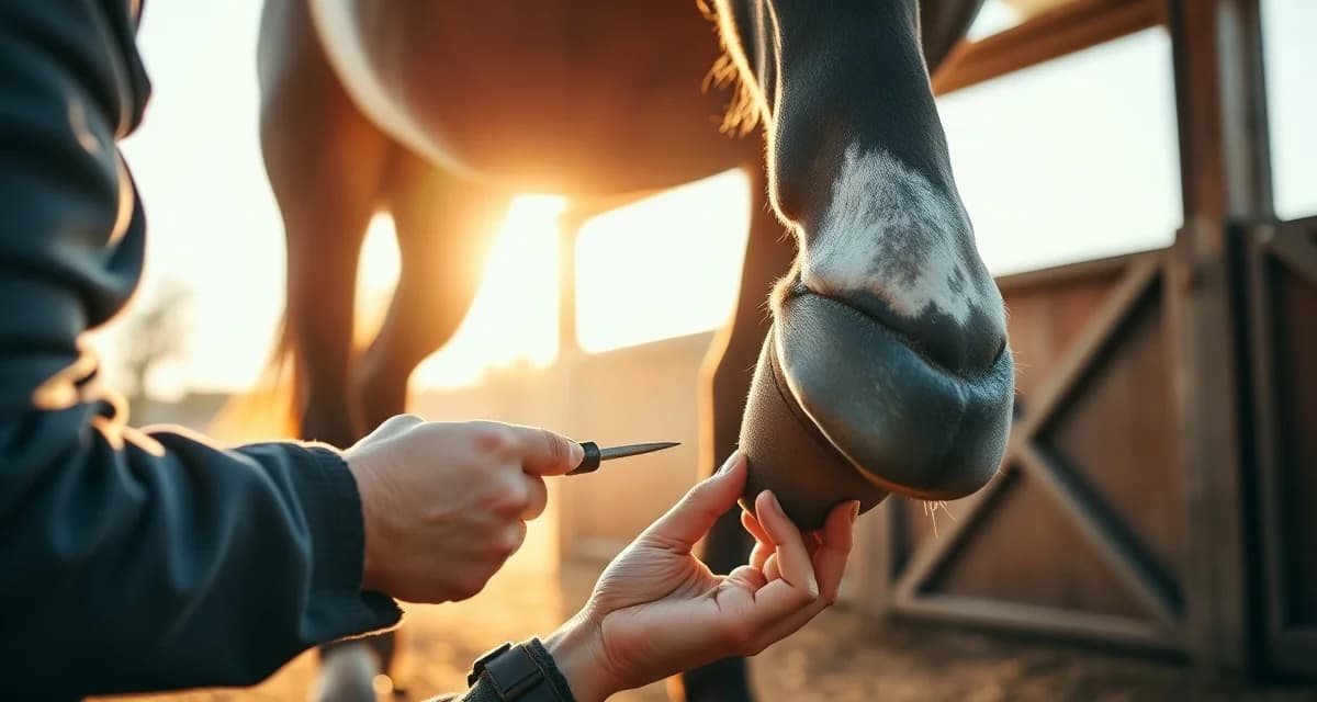 Expert farrier performing regular hoof maintenance Professional farrier trimming horse hoof during scheduled farrier visit appointment for proper hoof care management