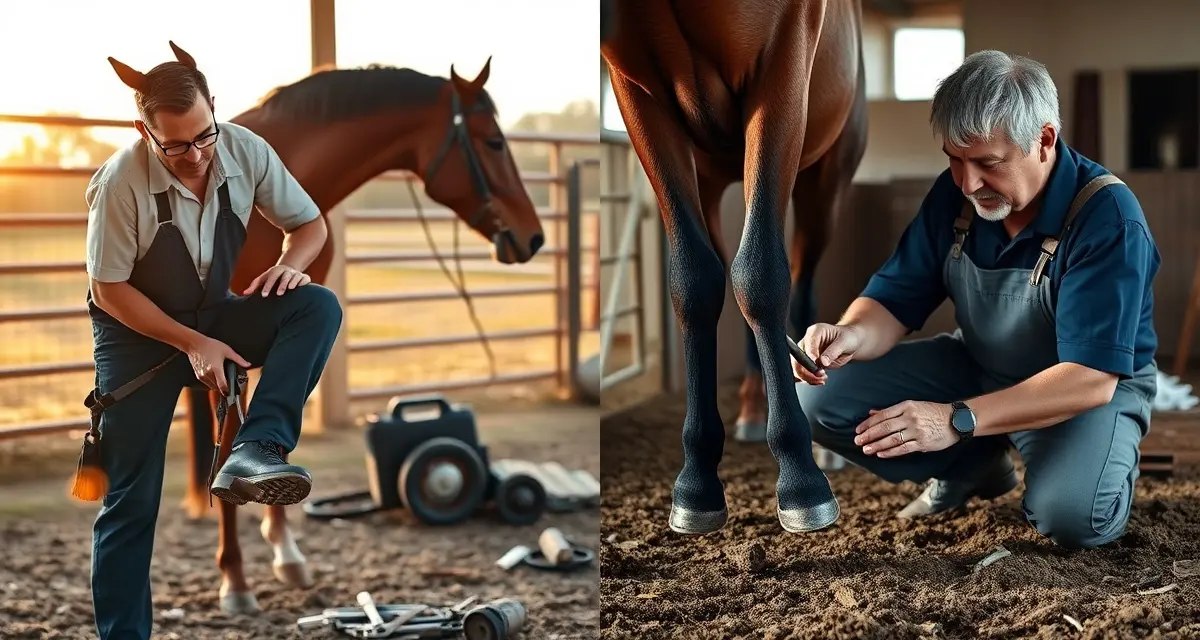 Farrier shoeing versus barefoot trimming methods Comparison of a professional farrier applying horseshoes versus a barefoot trimmer maintaining unshod horse hooves with different tools and techniques