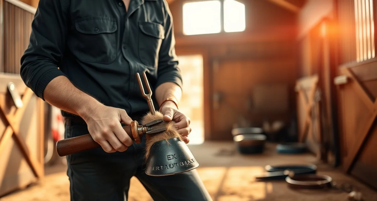 Expert farrier demonstrating professional hoof care services Professional farrier providing hoof care services to horse, demonstrating expertise and quality workmanship in farrier services.