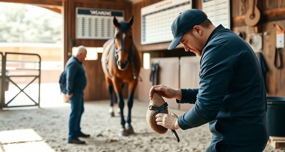 FarrierIQ scheduling management at Wellington equestrian show Farrier managing horse hoof care schedule during Wellington Show Season with FarrierIQ software visible on scheduling board