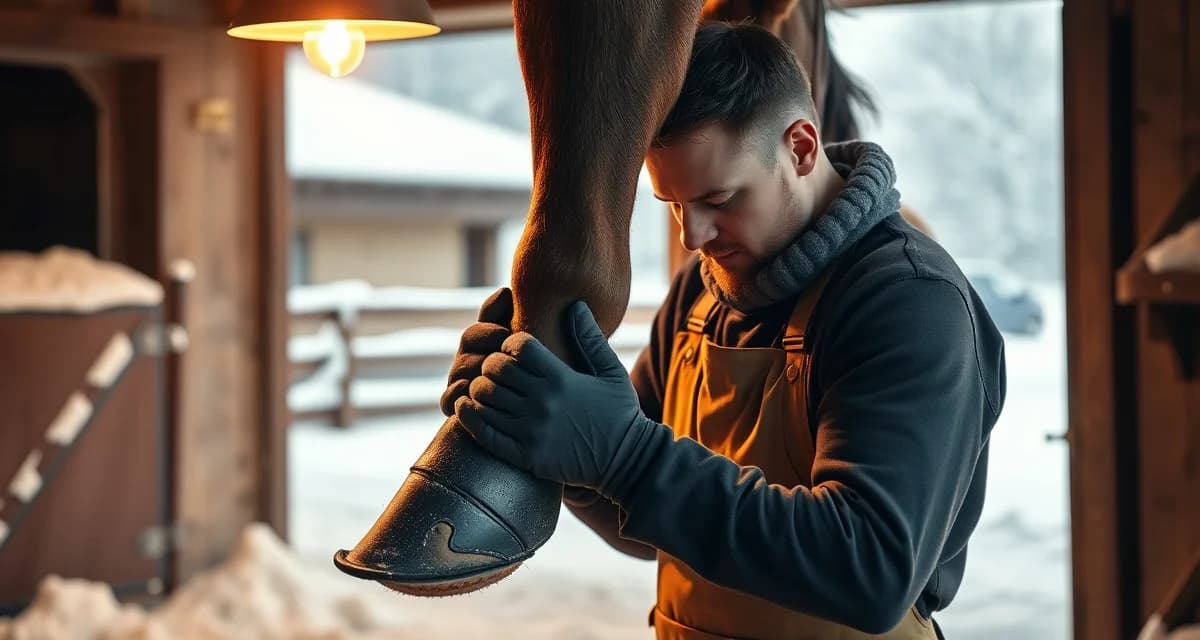 Winter farrier shoeing techniques for horse hoof management Professional farrier performing winter hoof care and shoeing on horse in cold weather season