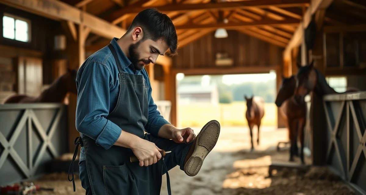 Maryland farrier providing professional hoof care services Professional farrier performing hoof care and shoeing services on horse in Maryland barn with proper certification and insurance