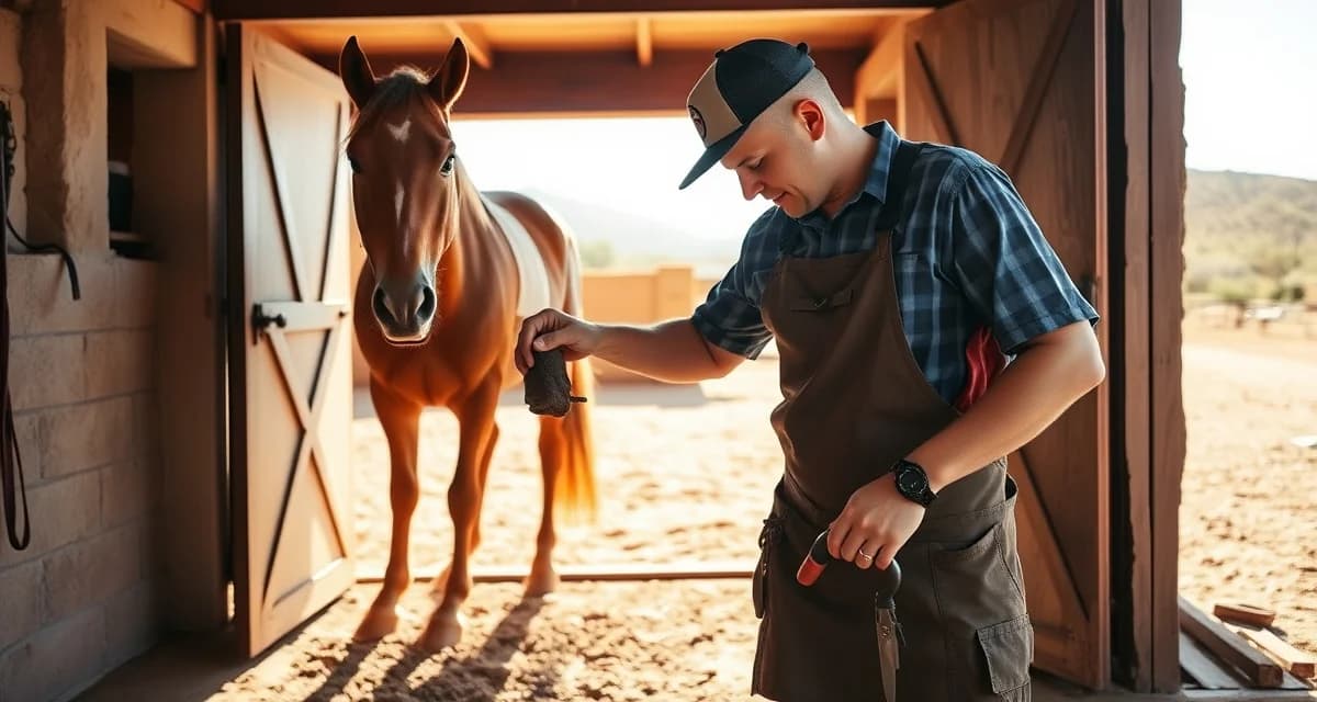 Arizona farrier providing professional horse hoof care Professional farrier trimming and shoeing a horse's hoof in Arizona, demonstrating expert hoof care services for horse owners.