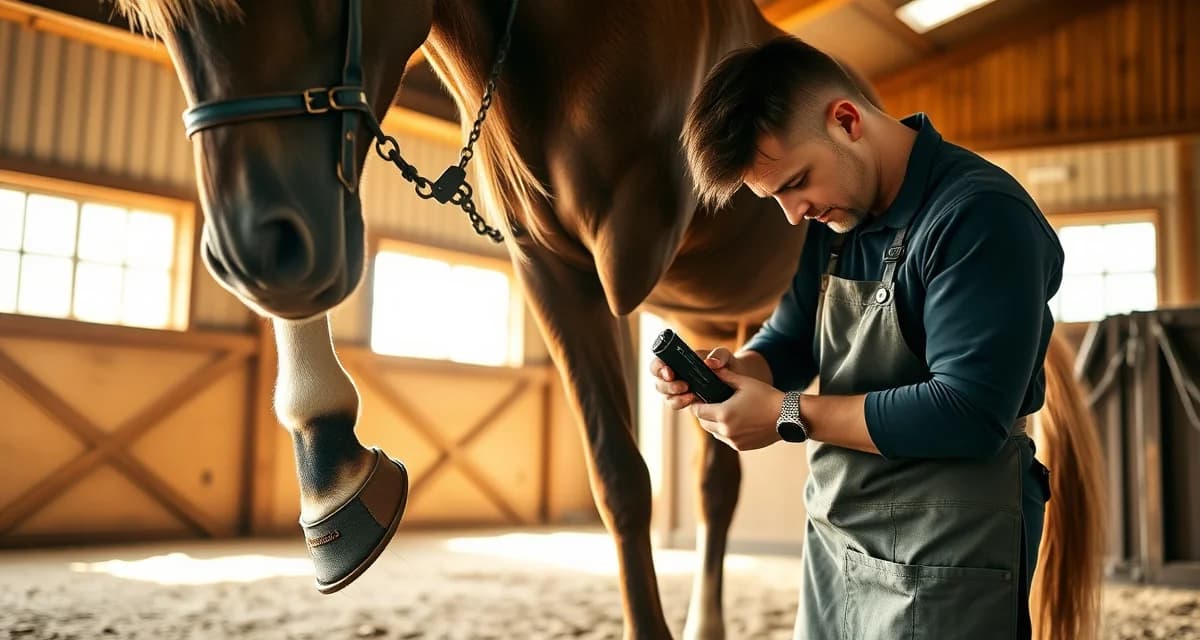 Expert farrier providing hoof care services to Florida horse Professional farrier in Florida trimming horse hoof with specialized farrier tools in sunny barn setting