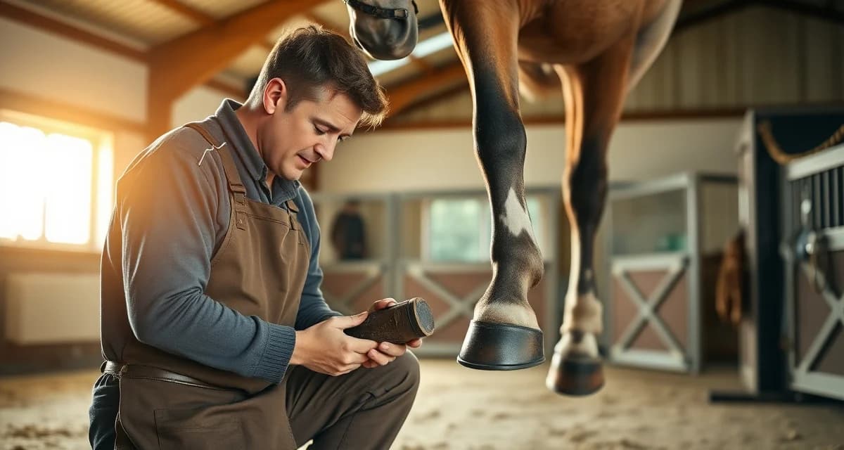 Illinois farrier providing professional hoof care Professional farrier trimming and shoeing a horse's hoof in Illinois stable, demonstrating hoof care services.