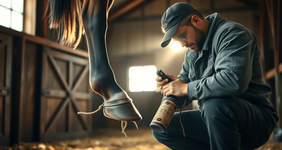 Expert farrier providing hoof care services Professional farrier performing hoof care and trimming on a horse in Kentucky, demonstrating proper farrier techniques.