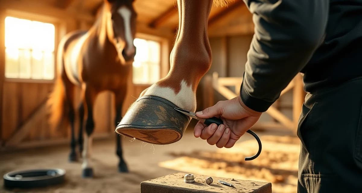 Professional farrier services for Michigan horses Experienced farrier trimming a horse's hoof in Michigan barn with professional tools and proper lighting