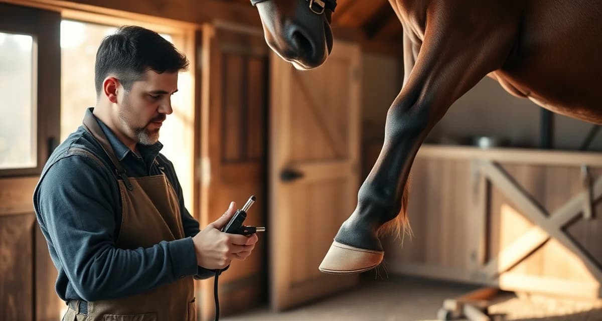 Expert farrier providing hoof care services Professional farrier trimming horse hoof with specialized tools in Missouri barn setting, demonstrating expert hoof care.