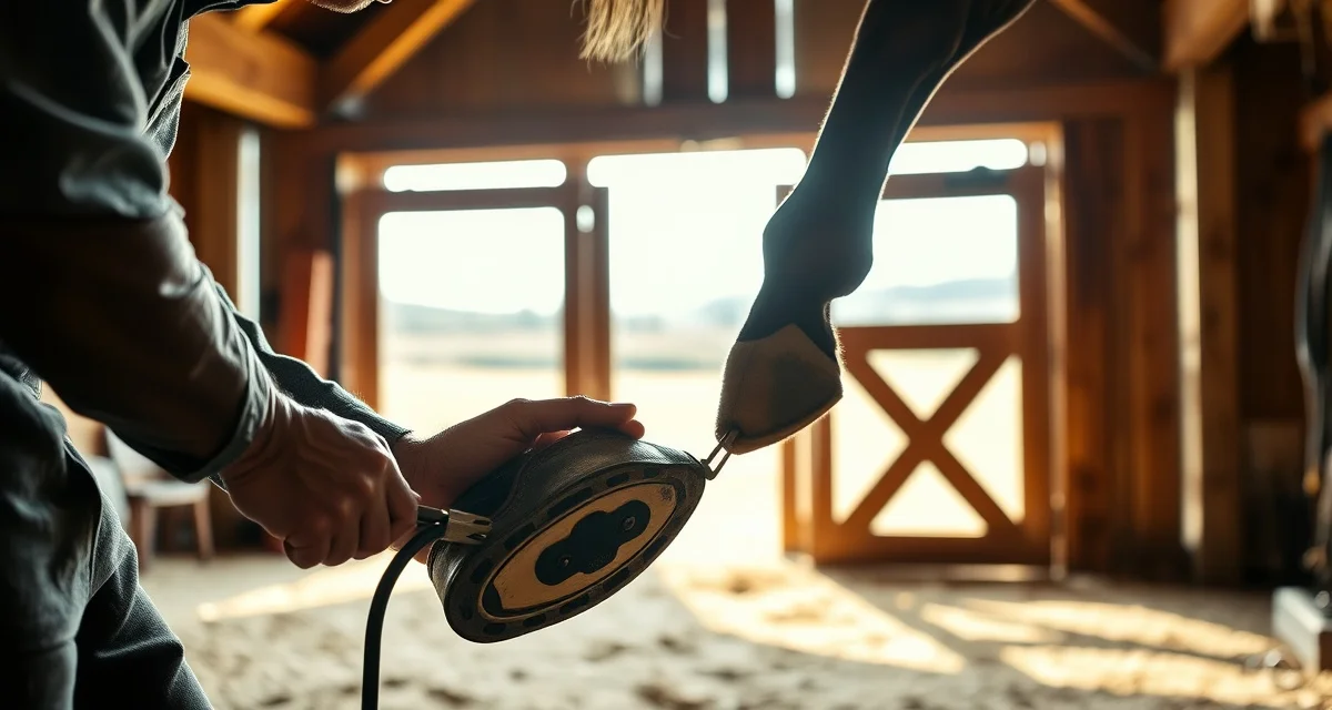 Professional farrier hoof care services in New York Expert farrier trimming and shoeing a horse's hoof with professional tools in a well-lit barn setting.