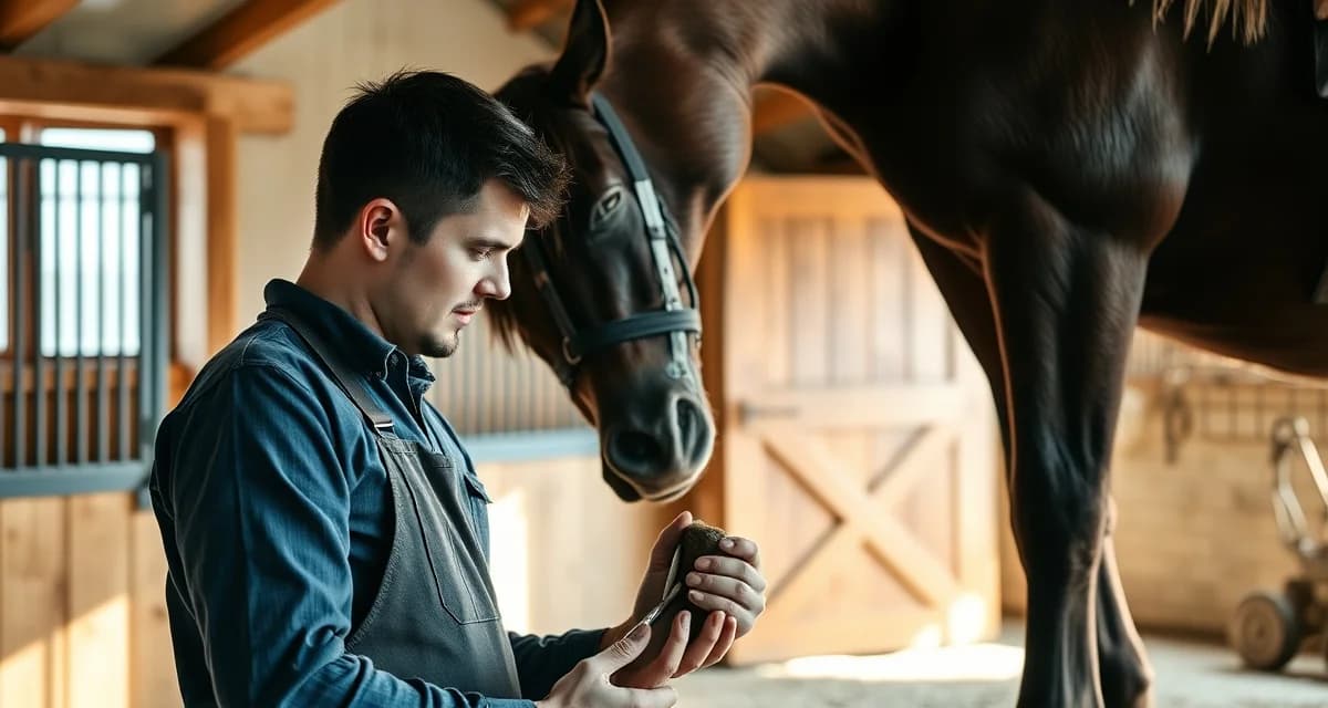 Expert farrier providing hoof care services to Ohio horse owners Professional farrier trimming and inspecting a horse's hoof for proper care and maintenance in Ohio.