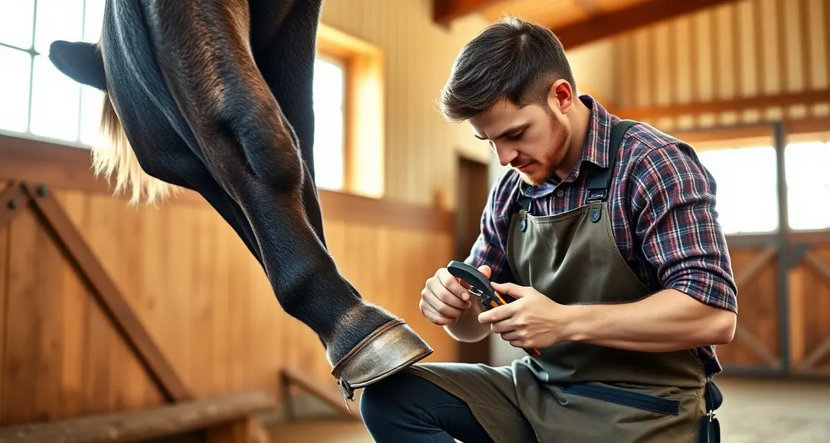 Expert farrier providing professional hoof care and shoeing services Professional farrier examining and trimming a horse's hoof in Virginia barn setting with specialized shoeing tools