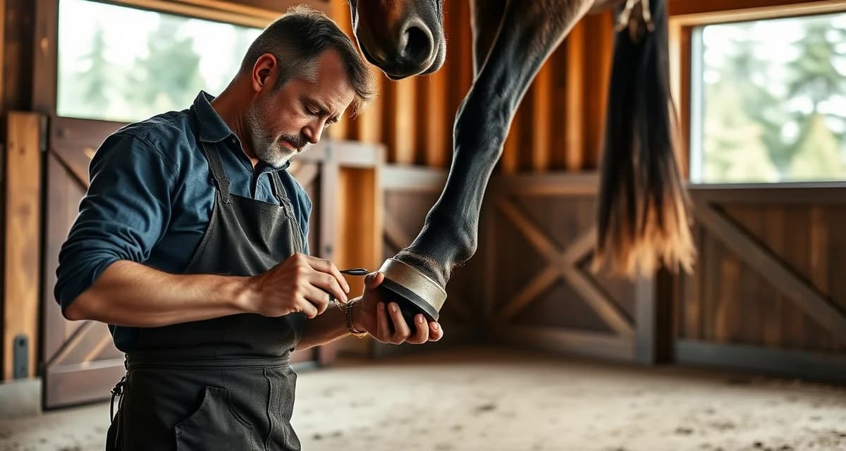 Expert farrier performing hoof care services Professional farrier providing expert hoof care to horse in Washington State stable, demonstrating proper horseshoe fitting and hoof maintenance techniques.