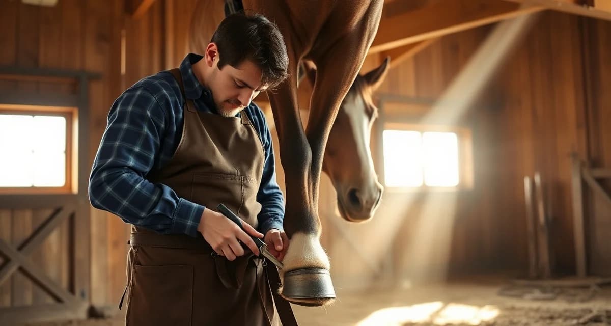 Expert farrier providing professional hoof care services Professional farrier shoeing a horse's hoof in Georgia barn with traditional tools and natural lighting