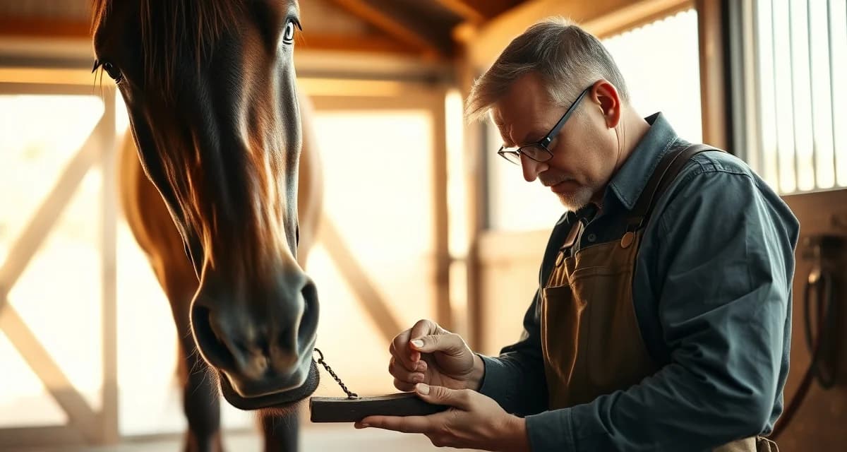 Expert farrier providing hoof care service Professional farrier trimming and shoeing a horse's hoof with specialized tools in Texas barn setting