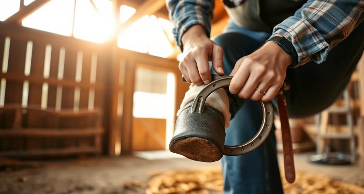 Oklahoma farrier performing expert hoof care and horseshoeing Professional farrier in Oklahoma shoeing horse's hoof with precision tools and horseshoe during routine hoof care maintenance