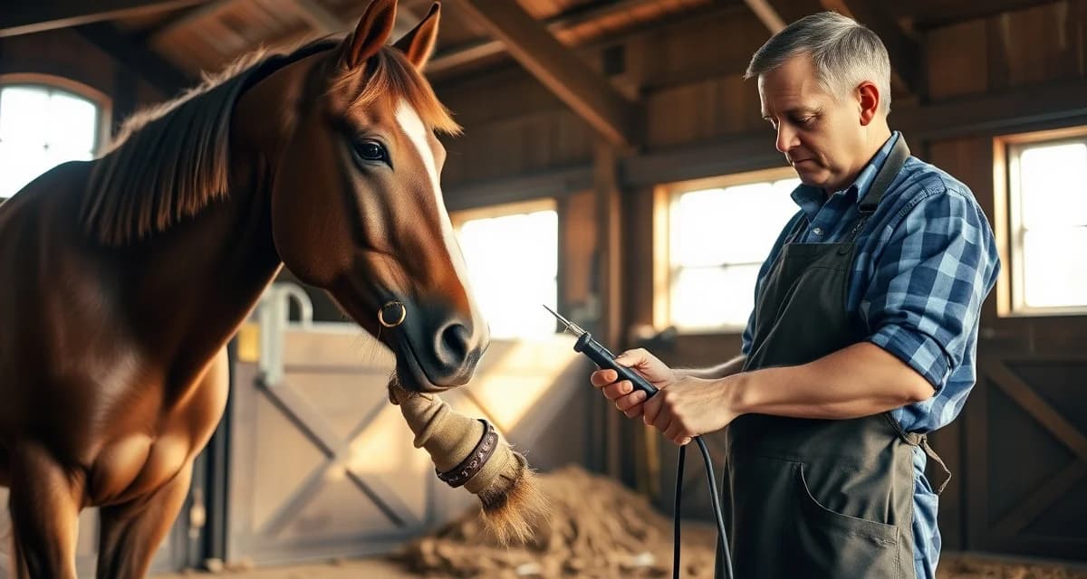 Expert farrier providing hoof care services Professional farrier examining and working on a horse's hoof with specialized tools in a stable environment.