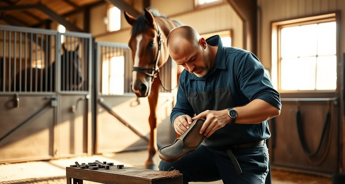 Farrier horseshoeing and hoof trimming expertise Professional farrier performing hoof care and horseshoe application on a horse in an equestrian facility, demonstrating farrier licensing and certification skills