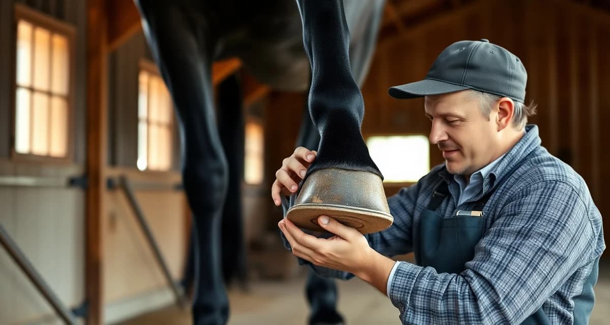 Friesian Dressage Shoeing Technique Farrier performing professional hoof care and shoeing on a Friesian horse for dressage collection work