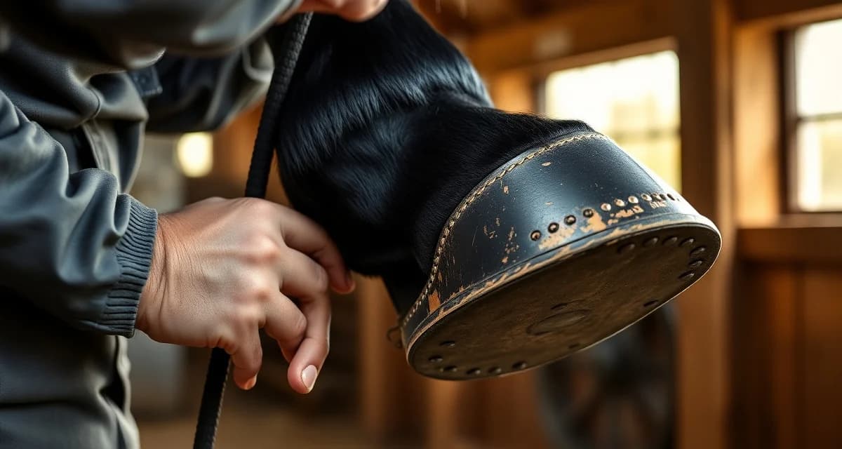 Friesian shoeing technique for carriage driving Farrier fitting specialized driving shoes on a Friesian horse's hoof to enhance natural trot action for carriage competition