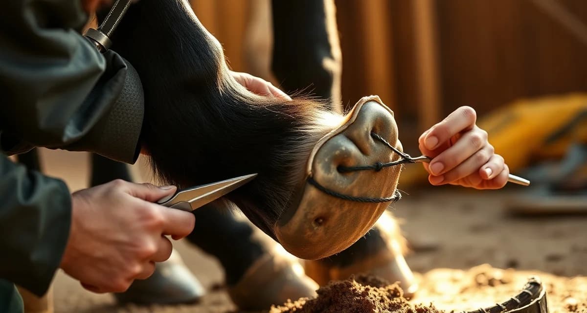 Specialized Friesian hoof care and farrier trimming Farrier examining and trimming a black Friesian horse's hoof to prevent white line disease and manage fast hoof growth.