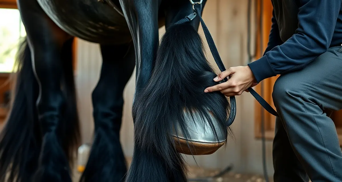 Expert Friesian horse shoeing and hoof care Farrier applying specialized shoe to a Friesian horse's hoof, demonstrating proper shoeing techniques for feathered feet