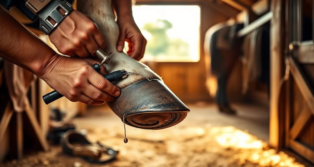 Farrier shoeing horse hoof in Georgia Professional farrier fitting steel horseshoes on horse hoof in Georgia, demonstrating farrier services and hoof care.