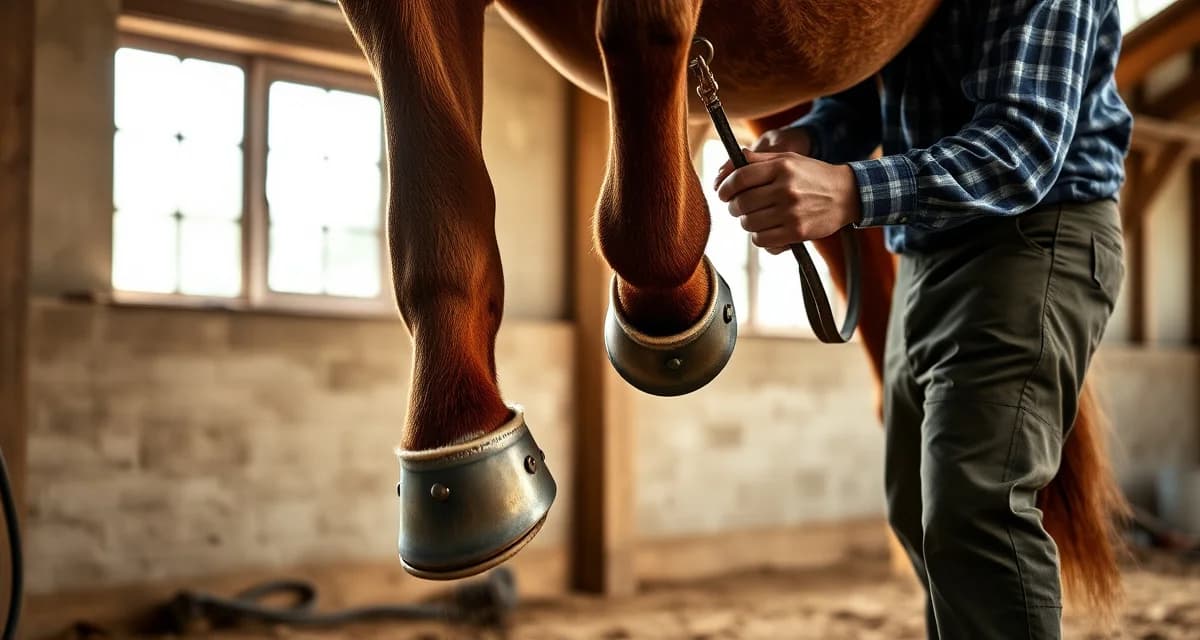 Hackney shoeing technique for exaggerated high-stepping action Professional farrier applying specialized shoes to a Hackney horse's hooves to enhance high-action movement and show performance.