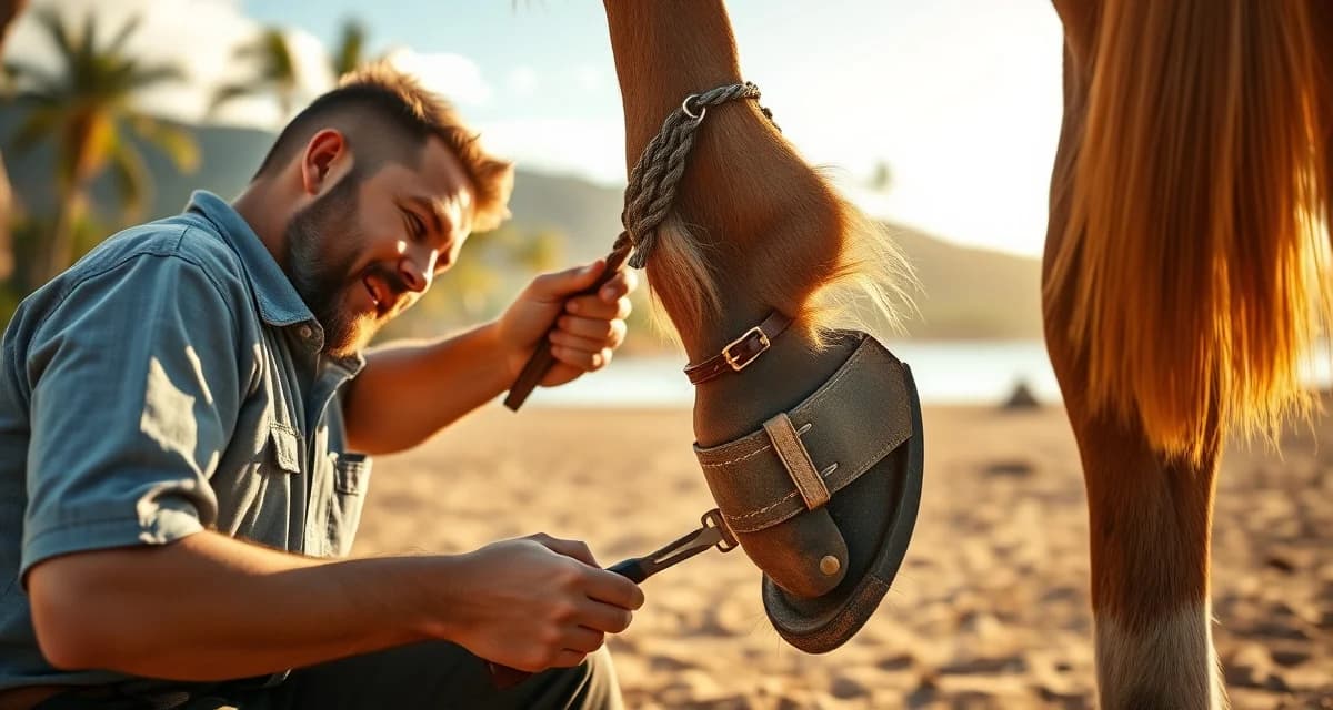 Hawaii farrier providing professional hoof care service Professional farrier trimming and shoeing a horse's hoof in Hawaii with specialized farrier tools