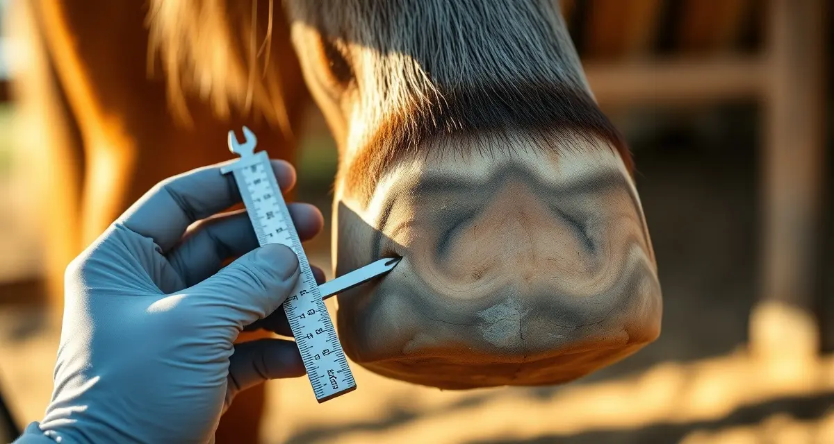 Professional hoof care tracking and examination Farrier examining horse hoof growth cycle with precision measuring tools for laminitis management and scheduling