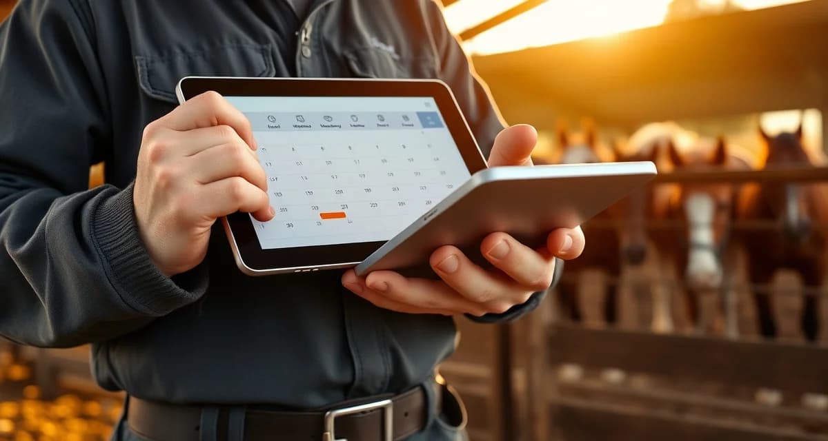 Digital hoof care scheduling tool interface Farrier using hoof interval tracker software on tablet to manage trim schedules for multiple horses efficiently