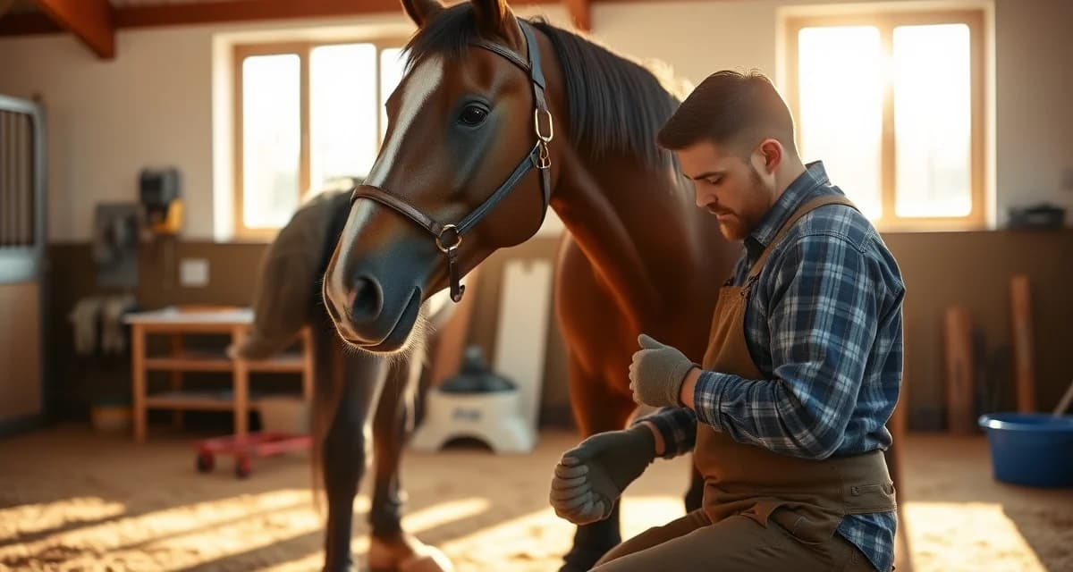 UK farrier software comparison for American farriers Farrier examining horse hoof with professional tools in modern barn setting during hoof care appointment