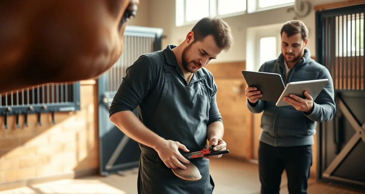 Digital farrier portal giving horse owners 24/7 access to records Horse owner viewing farrier shoeing records and hoof care notes on digital portal tablet while farrier works on horse's hoof in stable