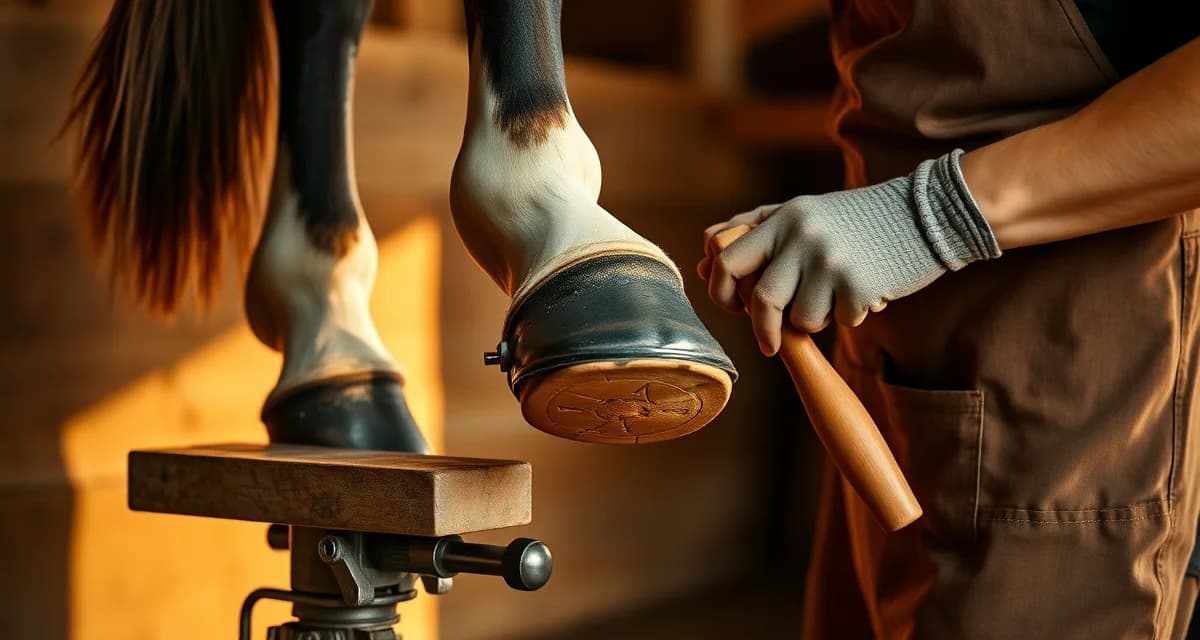 Professional farrier shoeing horse hoof Farrier shoeing a horse's hoof with specialized tools and horseshoe during a routine 6-8 week shoeing cycle maintenance appointment.