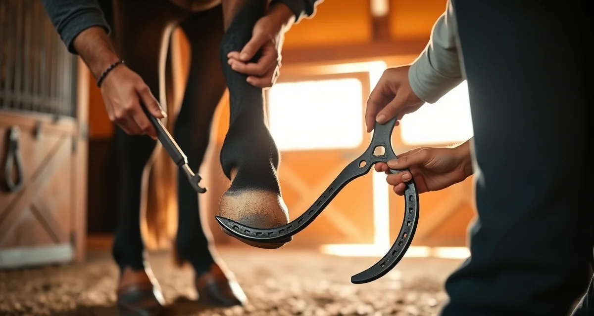 Farrier applying horseshoe during hoof care service Professional farrier fitting a horseshoe onto a horse's hoof during routine shoeing maintenance.