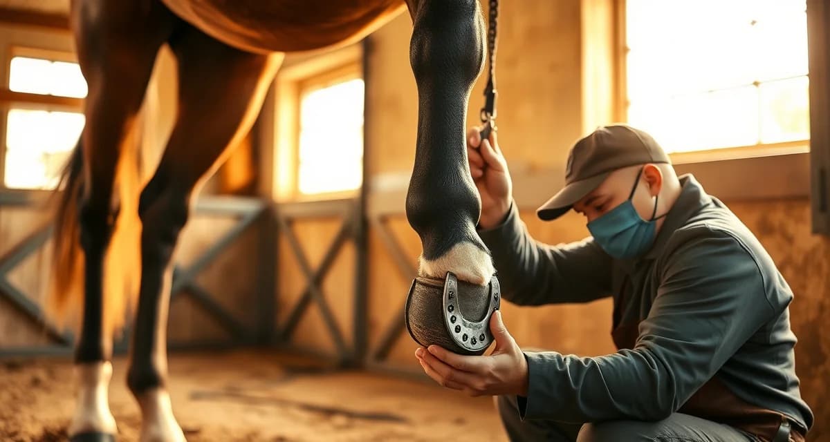 Equestrian shoeing for hunter jumper competition Farrier professionally fitting custom shoes on hunter jumper horse hoof for show ring performance and soundness