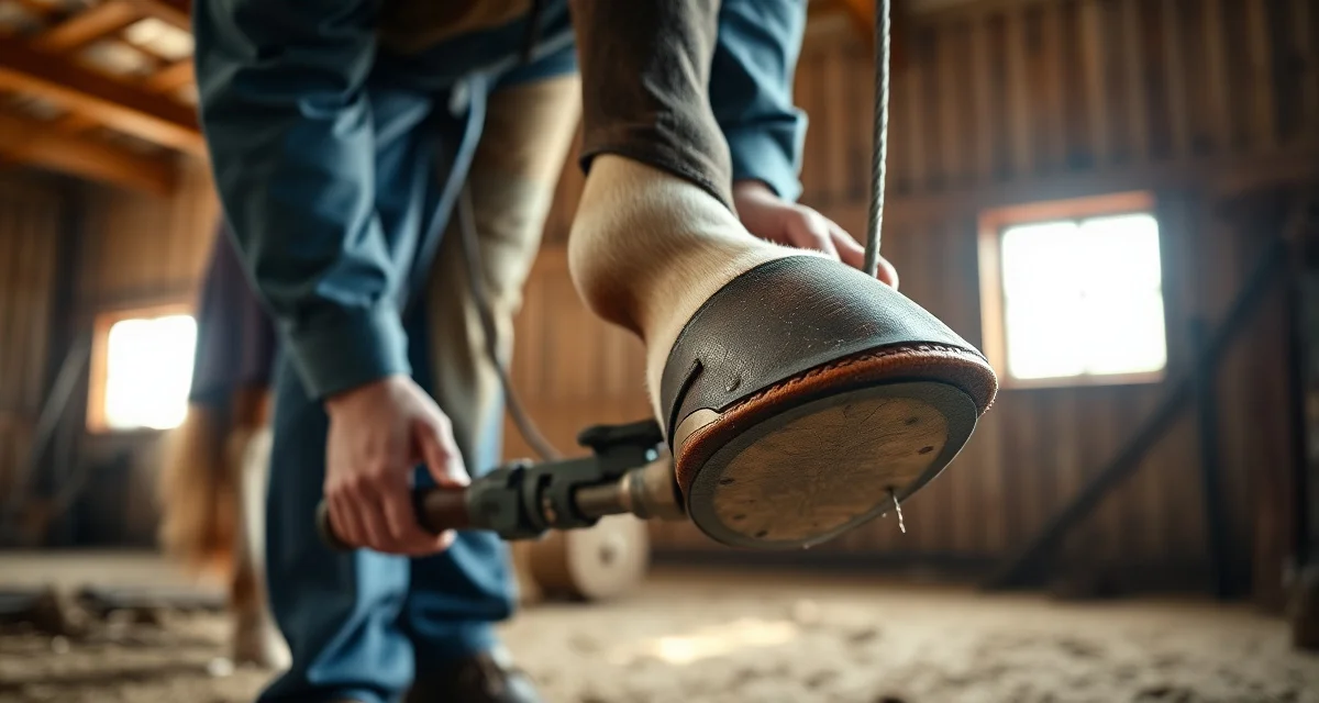 Farrier shoeing a horse in Idaho Professional farrier trimming and shoeing a horse's hoof, demonstrating farrier services in Idaho.