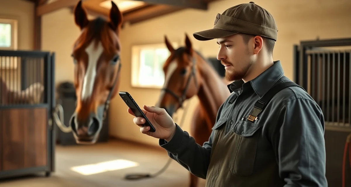 Modern farrier app comparison for mobile scheduling Farrier using mobile scheduling app on smartphone while working with horse, demonstrating mobile-first hoof care management tools