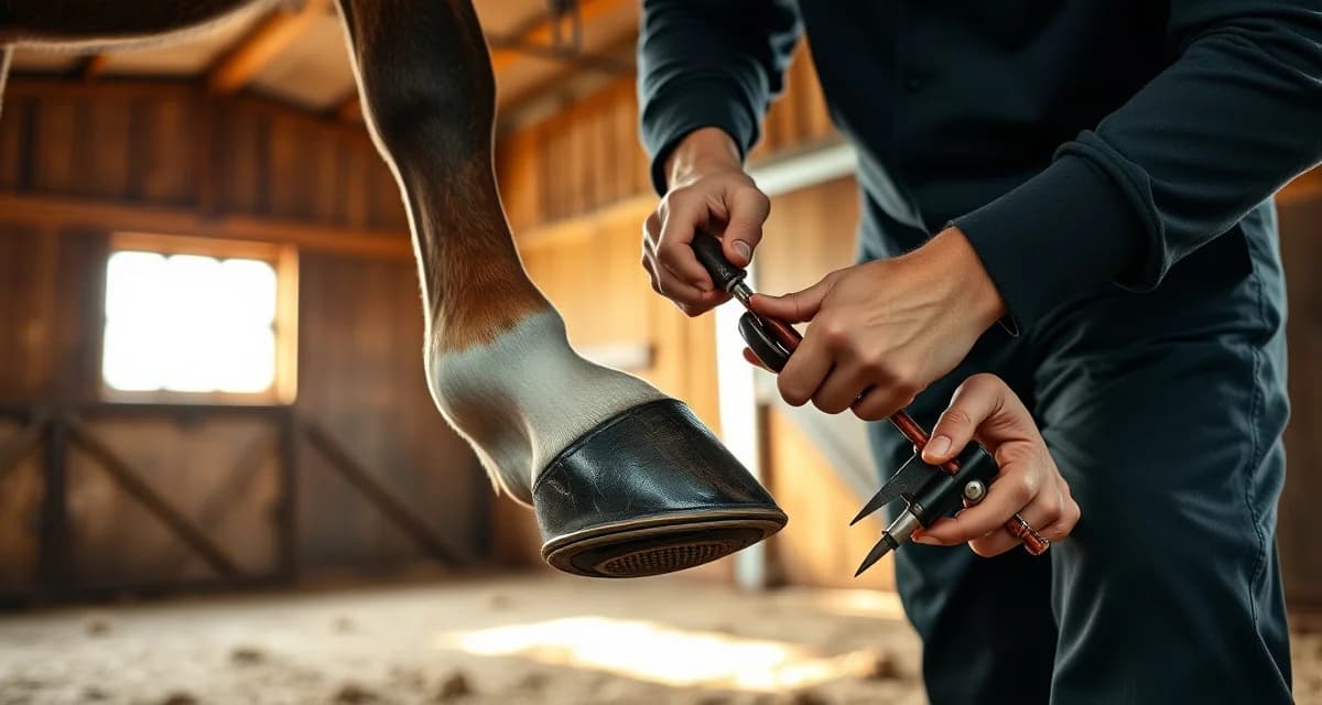 Farrier providing hoof care services in Indiana Professional farrier trimming and shoeing a horse's hoof in Indiana, demonstrating expert hoof care techniques and farrier services.