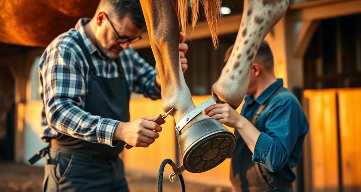 Expert farrier hoof care management Professional farrier performing hoof trimming and care on horse using specialized tools in Indiana barn setting