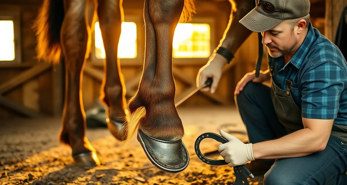 Iowa Farrier Rates and Hoof Care Service Pricing Professional farrier applying horseshoe to horse hoof during Iowa farrier service, demonstrating hoof care pricing and expertise