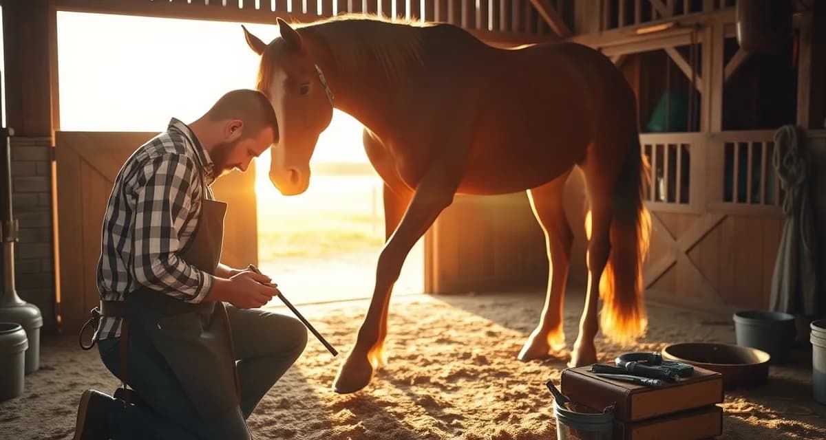 Farrier software solution for Iowa equine professionals Professional farrier trimming horse hoof using modern scheduling software for Iowa farm routes and agricultural clients.